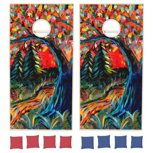 Colorful Tree And River Painting Cornhole Set