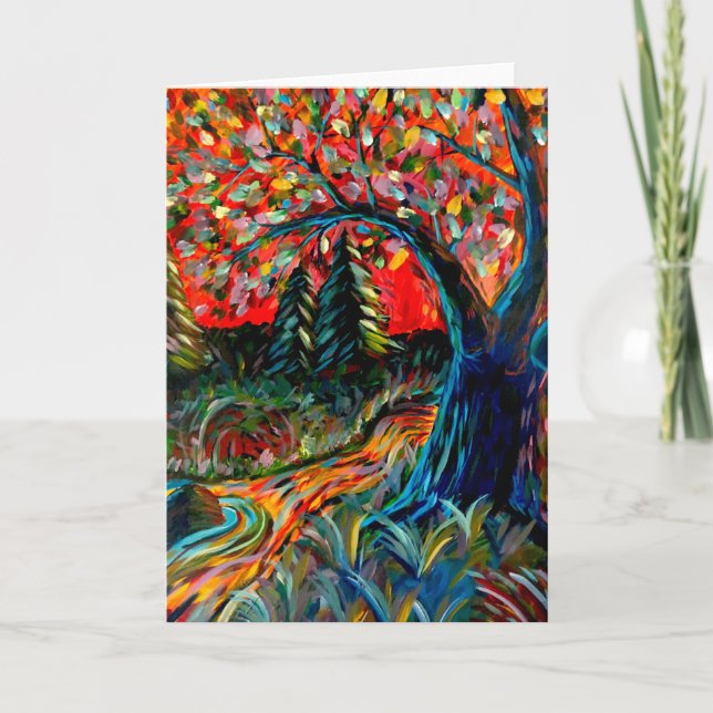 Colorful Tree And River Painting Holiday Card (Front)
