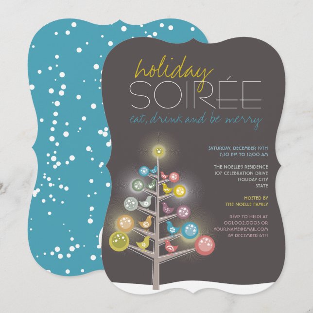 Colorful Tree & Birds Holiday Soiree Party Invite (Front/Back)