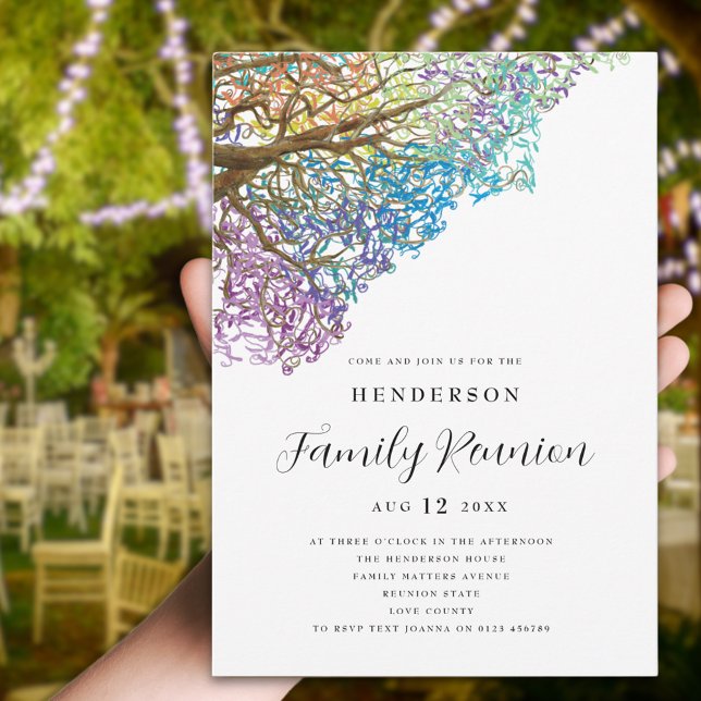 Colorful Tree Family Reunion Invitation (Colorful tree branches watercolor family reunion invitation Modern elegant script )