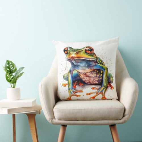 colorful tree frog in water color throw pillow