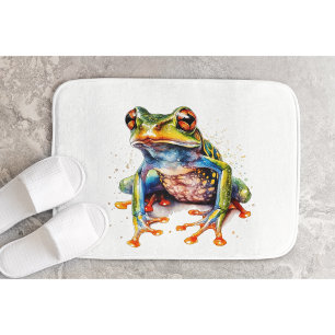 colorful tree frog in watercolor bath mat