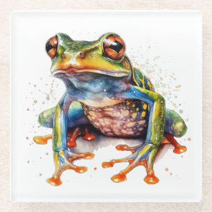 colorful tree frog in watercolor glass coaster