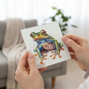 colorful tree frog in watercolor glass coaster