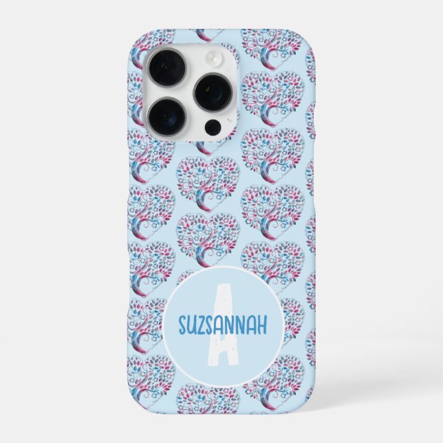 Colorful Tree Heart Pattern Pastel Blu Monogram iPhone Case (Back)