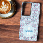 Colorful Tree Heart Pattern Pastel Blu Monogram Samsung Galaxy S21 Ultra Case<br><div class="desc">This background pattern features a colorful blue and burgundy tree heart with template monogram and name. Personalize the text,  remove one of the template elements or edit using the Edit Design tool to select a font style,  size,  and color you prefer.</div>