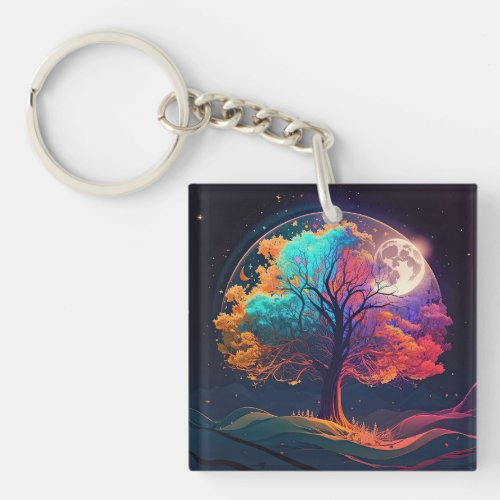 Colorful Tree of Life Moon Galaxy Fantasy Keychain