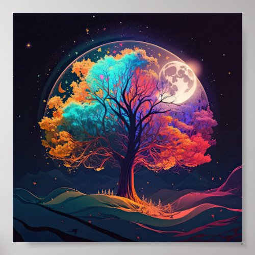 Colorful Tree of Life Moon Galaxy Fantasy Poster