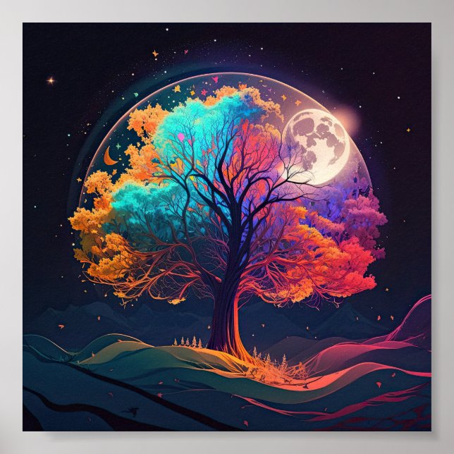 Colorful Tree of Life Moon Galaxy Fantasy Poster (Front)