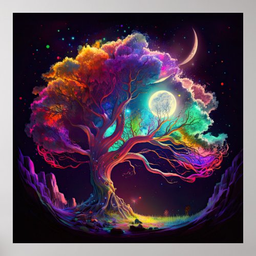 Colorful Tree of Life Moon Galaxy Fantasy Poster