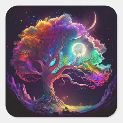 Colorful Tree of Life Moon Galaxy Fantasy Square Sticker