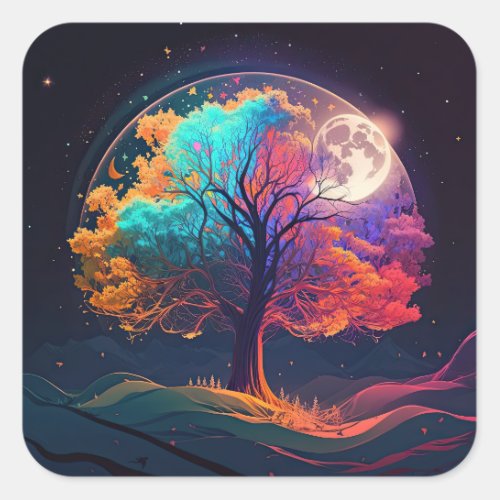 Colorful Tree of Life Moon Galaxy Fantasy Square Sticker