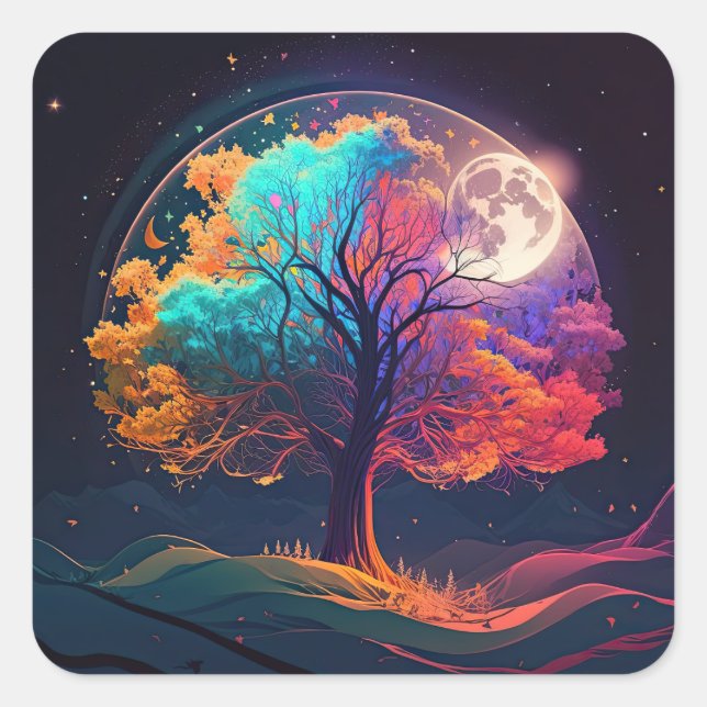 Colorful Tree of Life Moon Galaxy Fantasy Square Sticker (Front)