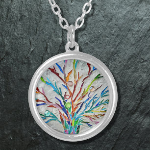 Colorful Tree Of Life Silver Plated Necklace