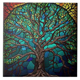 Colorful Tree of Life Stained Glass Effect Ceramic Tile