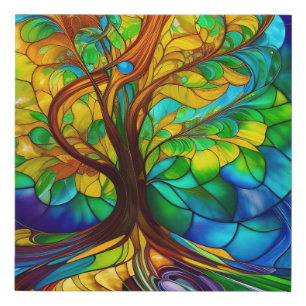 Colorful Tree of Life Stained Glass Look Faux Canvas Print
