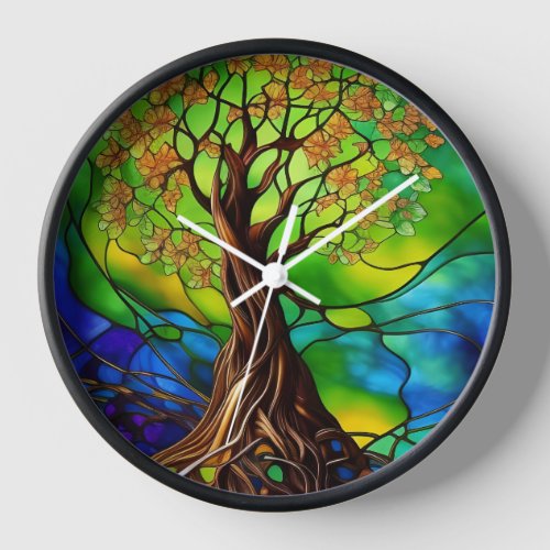 Colorful Tree of Life Stained Glass Look II Clock