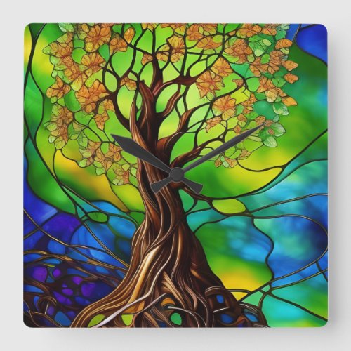 Colorful Tree of Life Stained Glass Look II Square Wall Clock