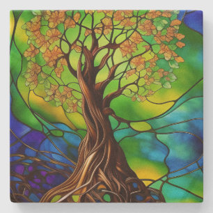 Colorful Tree of Life Stained Glass Look II Stone Coaster