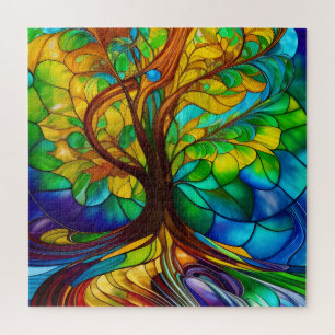 Colorful Tree of Life Stained Glass Look Jigsaw Puzzle