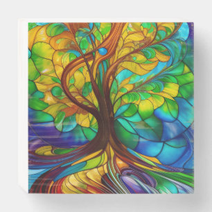 Colorful Tree of Life Stained Glass Look Wooden Box Sign