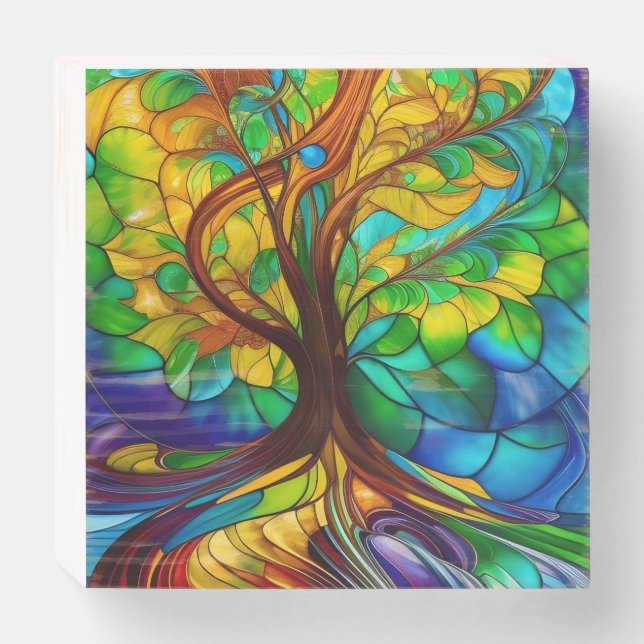 Colorful Tree of Life Stained Glass Look Wooden Box Sign (Front Horizontal)