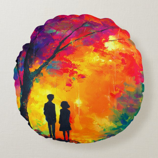 Colorful Tree of Love Round Pillow (Front)