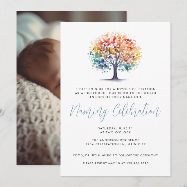 Colorful Tree Photo Baby Naming Ceremony Invitation (Front/Back)