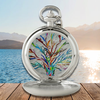 Colorful Tree Pocket Watch by SewMosaic at Zazzle