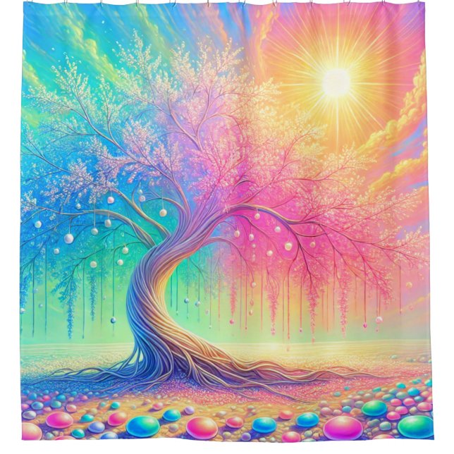 Colorful Tree Surreal Rainbow Landscape Shower Curtain (Front)