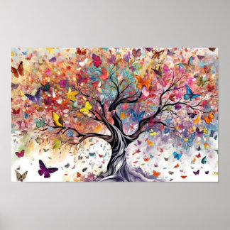 Colorful tree with butterflies poster