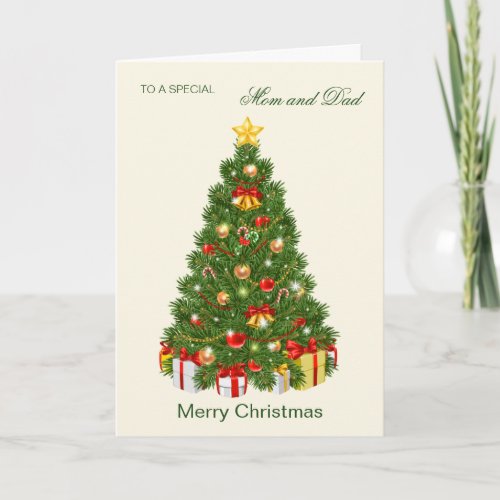 Colorful tree with presents Mom and Dad Christmas Holiday Card
