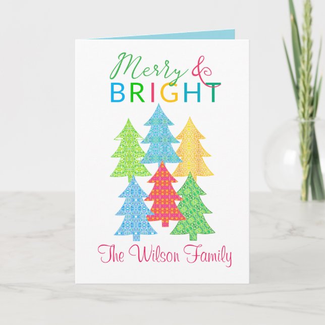 Colorful Trees Merry & Bright Christmas Card (Front)
