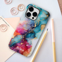 Colorful Trendy Alcohol Ink Texture Cyan Gold
