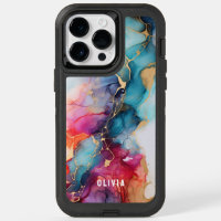 Colorful Trendy Alcohol Ink Texture Cyan Gold