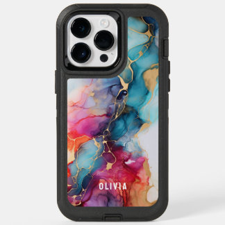 Colorful Trendy Alcohol Ink Texture Cyan Gold OtterBox iPhone 14 Pro Max Case
