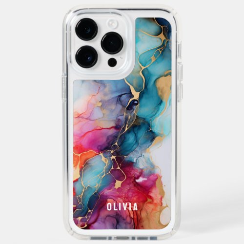 Colorful Trendy Alcohol Ink Texture Cyan Gold Speck iPhone 14 Pro Max Case