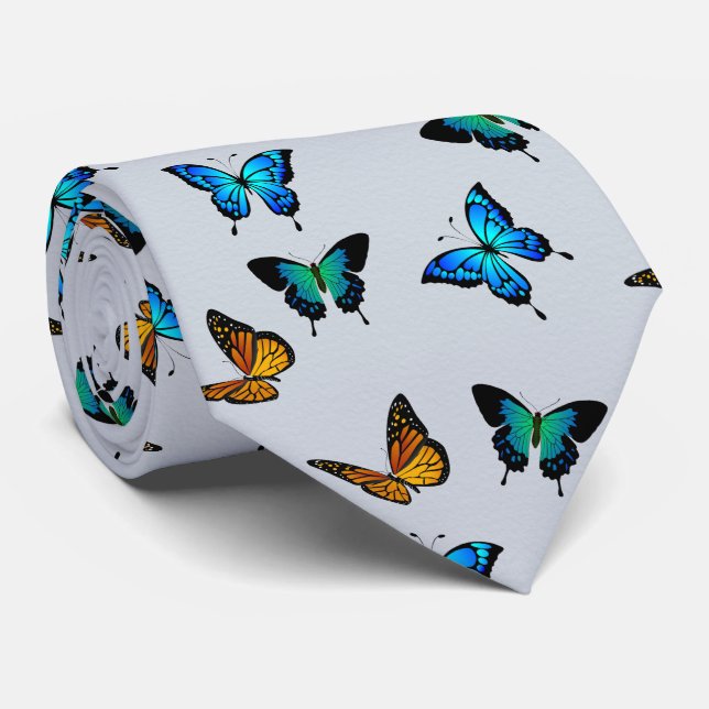 Colorful Trendy Monarch Butterfly Pattern Neck Tie (Rolled)
