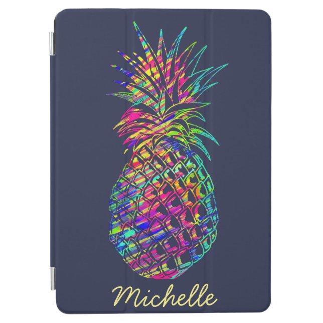 Colorful Trendy Tropical Pineapple Personalised iPad Air Cover (Front)