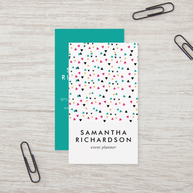Colorful Triangle Confetti Pattern Business Card (Front/Back In Situ)