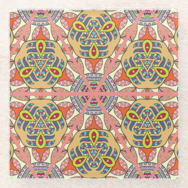 Colorful triangle patchwork, hand-drawn art. glass coaster (Front)