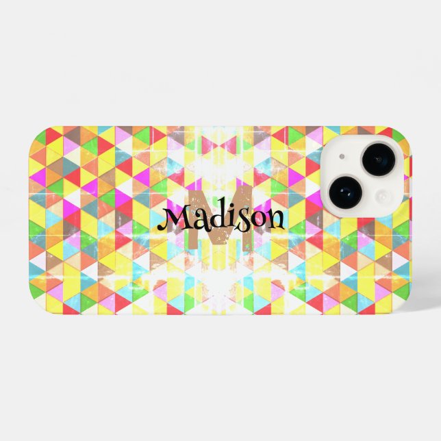Colorful triangle retro geometry pattern Monogram iPhone Case (Back Horizontal)