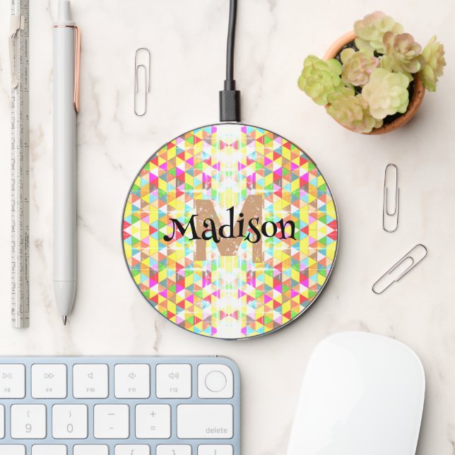 Colorful triangle retro geometry pattern Monogram Wireless Charger (Desk)