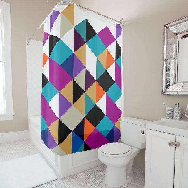 Colorful Triangles Modern Geometric Pattern Shower Curtain (In Situ)