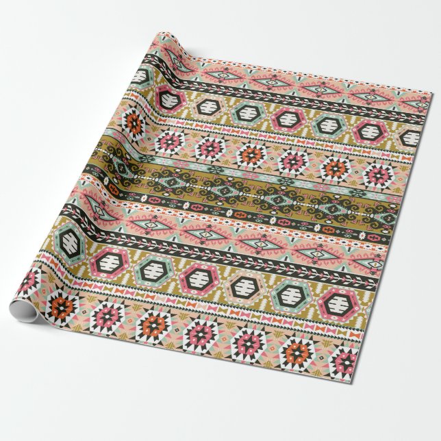 Colorful Tribal Aztec Pattern Boho Geometric  Wrapping Paper (Unrolled)