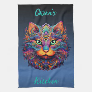 Colorful Tribal Cat - Personalized Vibrant Boho Kitchen Towel