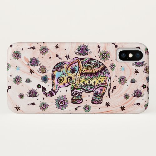 Colorful Tribal Elephant On Marble Swirls iPhone X Case