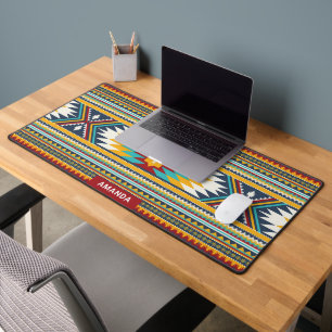Colorful tribal ethnic geometric pattern monogram desk mat