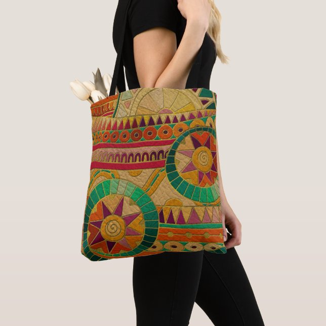 Colorful Tribal Ethnic  Pattern Embossed Leather Tote Bag (Close Up)