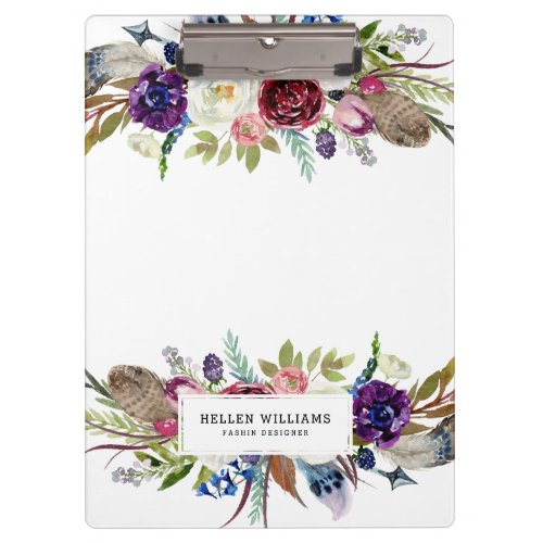 Colorful tribal feathers  flowers bouquet clipboard